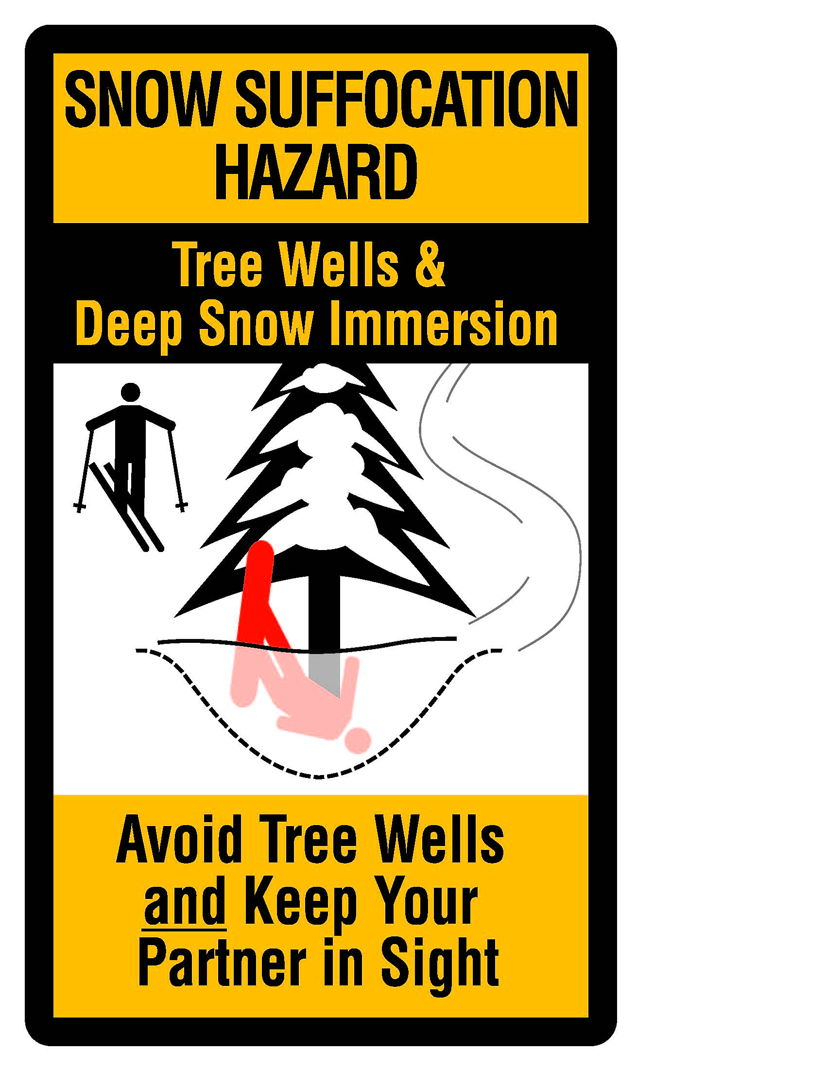 tree well safety poster with snowboarder